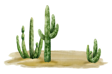 Desert landscape with saguaro cactuses and sand watercolor illustration isolated on white background. Arizona, Wild West or Mexican nature clipart © Elena Malgina