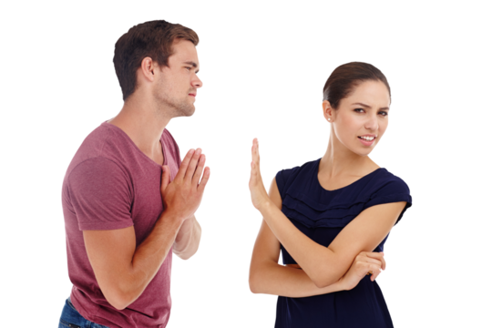 Couple, arguing breakup and frustration with man, rejection and forgiveness with hand gestures. Depression, sad or divorce with toxic behaviour, argument and isolated on transparent png background