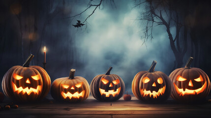 Jack-o-lantern pumpkins on wooden table with a foggy creepy forest backdrop. Halloween background. Generative AI