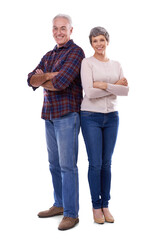 Mature couple, smile and portrait with touch, standing and arms crossed in isolated on transparent...