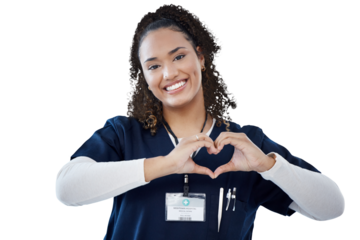 Isolated nurse woman, portrait and heart hands for smile, pride or care by transparent png background. Doctor, happy medic or wellness professional with face for job, cardiology emoji and hospital