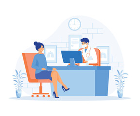Family therapist, health care, clinic workspace concept. Doctor in mask consulting female patient.  flat vector modern illustration 