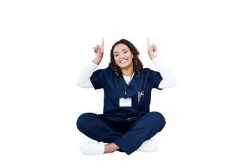 Woman, doctor and promotion with point up as portrait for hospital or life insurance with smile...