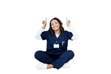 Woman, doctor and promotion with point up as portrait for hospital or life insurance with smile isolated on transparent png background. Black female, advertising and medical branding for healthcare