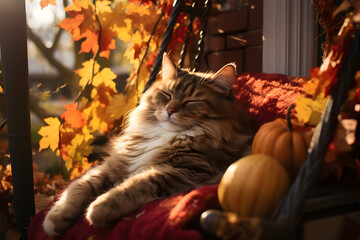 Fluffy cat sleeping under the sun's rays on a porch of wooden house decorated with pumpkins and autumn leaves. Orange, red autumn fall banner, halloween and thanksgiving landscaping decor.