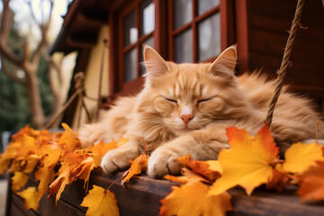 Red cat sleeping on a porch of wooden house decorated with colorful autumn leaves. Orange, red autumn fall banner, halloween and thanksgiving landscaping decor. - obrazy, fototapety, plakaty