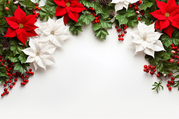 Christmas New Years banner frame from red and white poinsettia flowers green fir tree branches holly berry twigs pine cones on white background. Template with copy space - obrazy, fototapety, plakaty