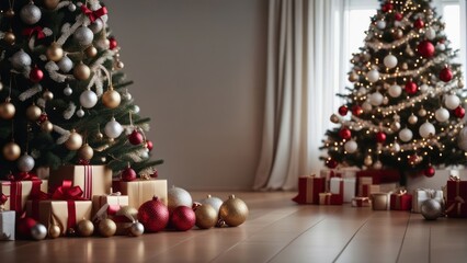 Big beautiful christmas tree decorated with beautiful shiny baubles