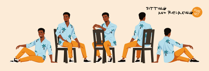 African american man in Hawaiian shirt sitting, relax pose set. Wide summer party pants, Aloha beach casual colorful wear. Tropical island tourist and travel blogger. Cartoon character illustration