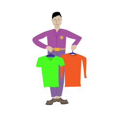 Vector image of a man in a store worker's uniform with T-shirts on trempels. Drawing of a clothes seller on a white background