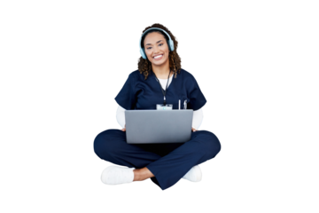 Nurse, woman portrait and headphones on laptop for healthcare research, planning or education. Medical student or doctor listening to music, learning and smile isolated on transparent, png background