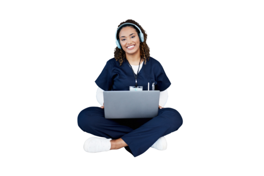 Nurse, woman portrait and headphones on laptop for healthcare research, planning or education. Medical student or doctor listening to music, learning and smile isolated on transparent, png background
