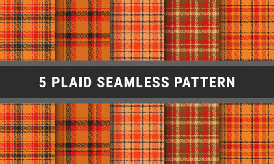 Autumn Set Plaid Tartan Pattern Seamless Background In Brown Orange Red Grey Black Colour. Checkered fabric texture for flannel shirt, skirt, blanket, throw.
