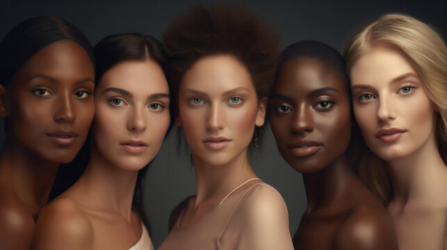 Diverse array of stunning women showcasing natural beauty against a dark studio backdrop. Portraits reveal flawless skincare across races, tones, and styles.