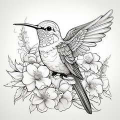 Cute Hummingbird darts between flowers in cartoon style on a white background