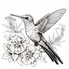 Cute Hummingbird darts between flowers in cartoon style on a white background