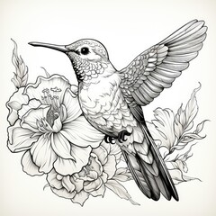 Fototapeta premium Cute Hummingbird darts between flowers in cartoon style on a white background