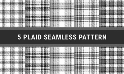 Set Plaid Tartan Pattern Seamless Background In White Black Grey Colour. Checkered fabric texture for flannel shirt, skirt, blanket, throw.
