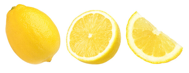 ripe lemon fruit, half and slice lemon isolated, Fresh and Juicy Lemon, transparent PNG, PNG format, collection, cut out