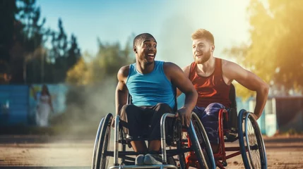 Fotobehang two guys in wheelchairs playing basketball © masyastadnikova