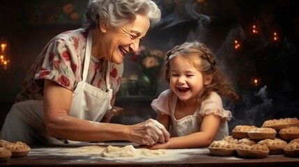 Obraz premium happy family grandmother and granddaughter child cook in the kitchen, knead dough, bake cookies- generative AI, fiction Person