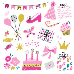 Little girl birthday party. Princess pink decoration set