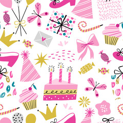 Little girl birthday party seamless pattern. Princess pink decoration texture - 650628157