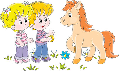 Little boy and girl treating a cute small foal with tasty cookies, vector cartoon illustration isolated on a white background