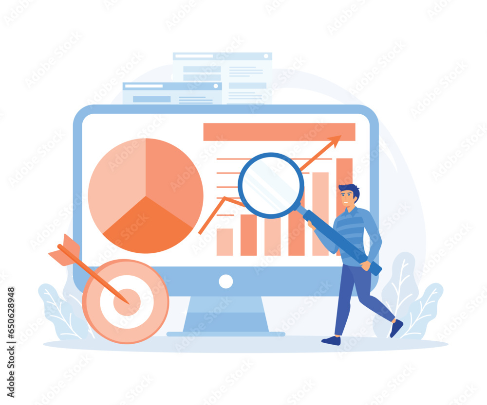 Poster data analyst, worker checking data analyst on a big screen using magnifying glass, flat vector moder