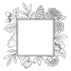 Fall floral frame outline. Fall Foliage Line Art Illustration, Outline Leaves arrangement Hand Drawn Illustration. Fall Coloring Page with Leaves. Thanksgiving arrangement. Thanksgiving frame isolated