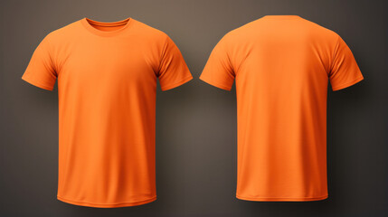Comprehensive mockup set of a realistic orange male t-shirt, captured both from the front and back. An impeccable blank canvas for textile print design and fashion apparel customization.
