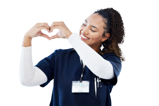 Isolated nurse woman, love and heart hands for smile, kindness and care by transparent png background. Doctor, happy medic and wellness professional with icon for job, cardiology emoji and hospital