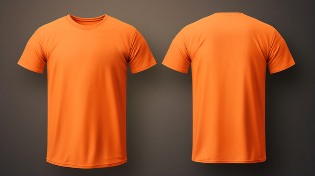 Comprehensive mockup set of a realistic orange male t-shirt, captured both from the front and back. An impeccable blank canvas for textile print design and fashion apparel customization.