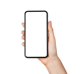 Hand holding the black smartphone with mockup of blank screen on isolated background.