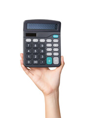 Hand holding blank calculator on isolated background.