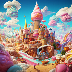 An Ice Cream Town, Cartoon illustration of an Ice cream palace surrounded by colorful creamy candy sweet elements, Creative advertising concept. Imaginary ice cream castle surrounded by cloudy sky