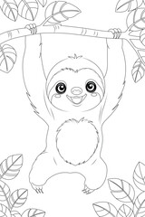 Coloring page a smiling sloth hanging from a tree branch © Saly
