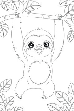 Coloring page a smiling sloth hanging from a tree branch
