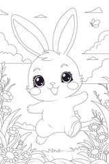 Coloring page a happy bunny hopping through a meadow. Animal colouring book for kids