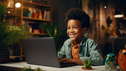 Smiling african american child school boy doing homework while sitting at desk at home- generative AI, fiction Person - obrazy, fototapety, plakaty