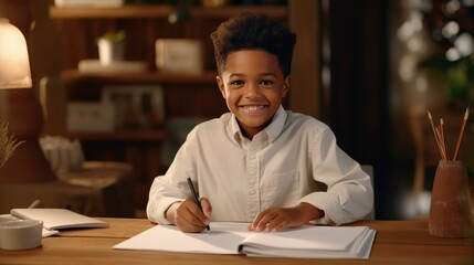 Smiling african american child school boy doing homework while sitting at desk at home- generative AI, fiction Person