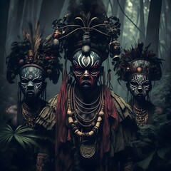 ancient igbo tribal ceremony where shamans wearing fearsome tribal masks emerge from a dark forest 