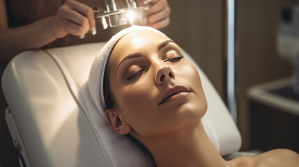Woman getting facial lifting therapy in beauty salon- generative AI, fiction Person