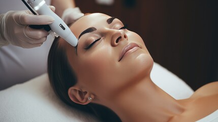Woman getting facial lifting therapy in beauty salon- generative AI, fiction Person