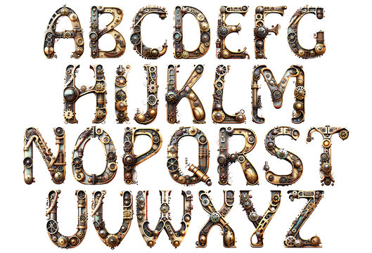 Steampunk alphabet design isolated on white background.