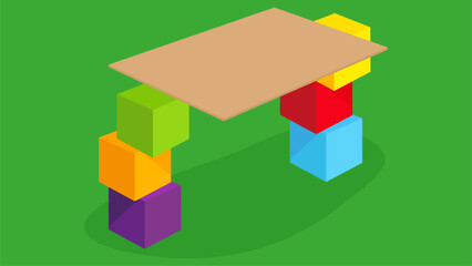Wooden table and colorful cubes. Isometric view. Vector illustration.