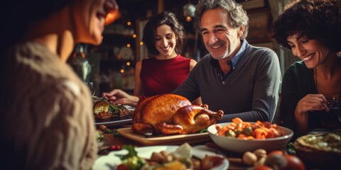 Happy family celebrate Thanksgiving day - obrazy, fototapety, plakaty