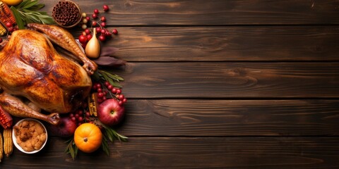 Thanksgiving day background texture with turkey, pumpkins and fruits