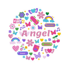 Set of trendy stickers in y2k style. Design elements butterfly, girls stuff, flowers, hearts, for poster, card illustration. Vector