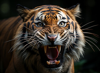 portrait of tiger face roaring close up. 